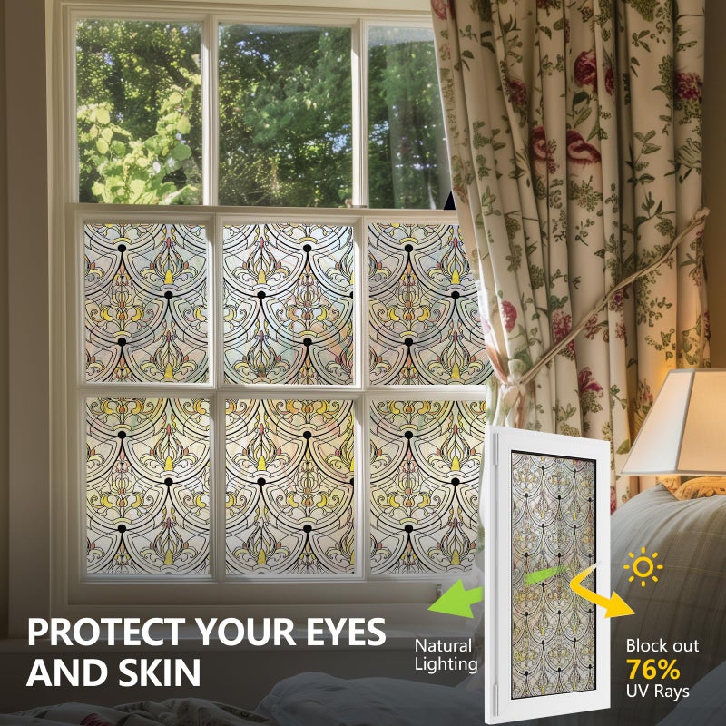 ADD.HERES 3D Stained Glass Window Film, Decorative Window Privacy Film for Bathroom,Front Door,Home, Sun Blocking Heat Control,Static Cling, Removable Non-Adhesive Golden Ironwork 23.6inch x 35.4inch - Image 3