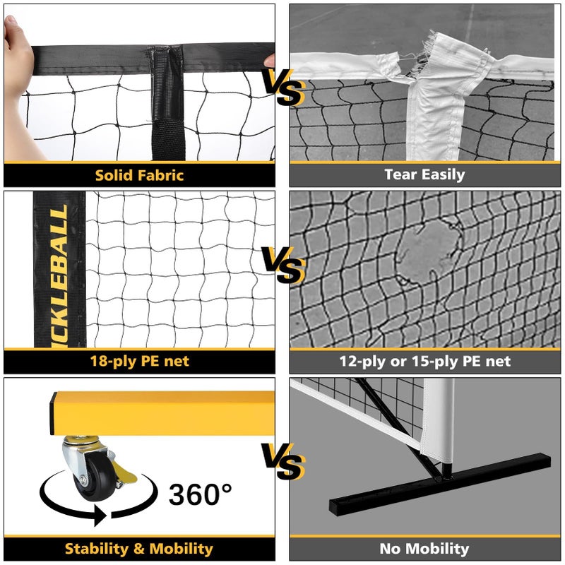 Fostoy Portable Pickleball Net Set with Wheels, Regulation Size 22 FT & Half Court 11 FT, Steady Metal Frame Pickle Ball Net Set System with Carry Bag for Backyards, Driveways, and Garages (Black&Yellow) - Image 5