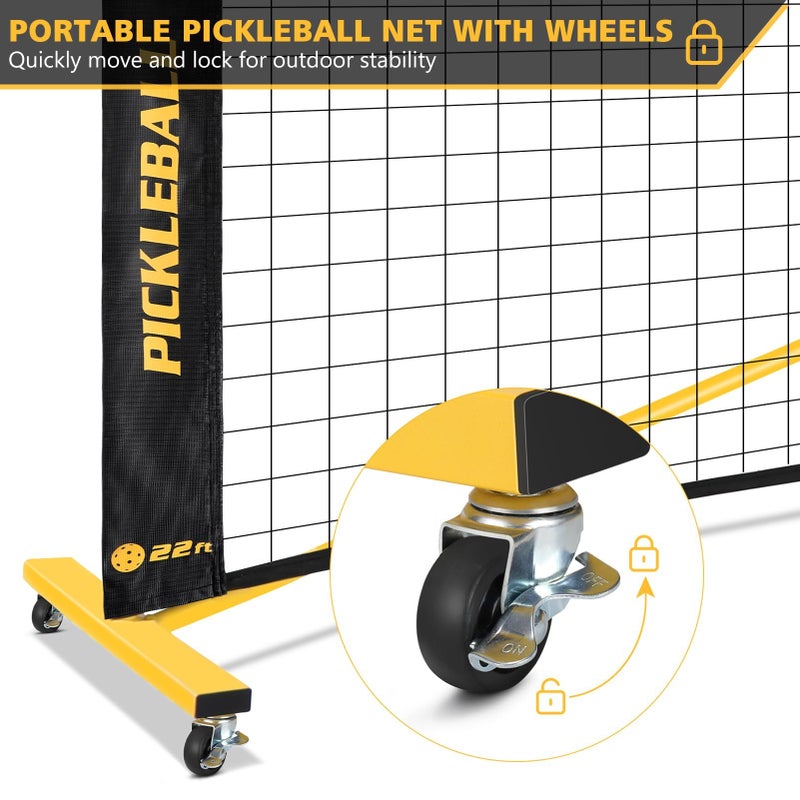 Fostoy Portable Pickleball Net Set with Wheels, Regulation Size 22 FT & Half Court 11 FT, Steady Metal Frame Pickle Ball Net Set System with Carry Bag for Backyards, Driveways, and Garages (Black&Yellow) - Image 2
