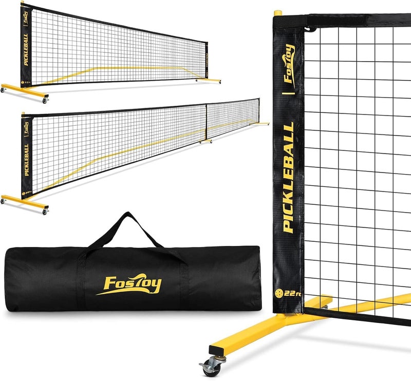 Fostoy Portable Pickleball Net Set with Wheels, Regulation Size 22 FT & Half Court 11 FT, Steady Metal Frame Pickle Ball Net Set System with Carry Bag for Backyards, Driveways, and Garages (Black&Yellow) - Image 1