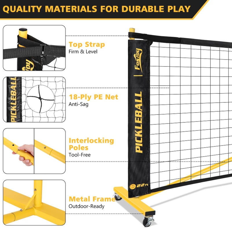 Fostoy Portable Pickleball Net Set with Wheels, Regulation Size 22 FT & Half Court 11 FT, Steady Metal Frame Pickle Ball Net Set System with Carry Bag for Backyards, Driveways, and Garages (Black&Yellow) - Image 4