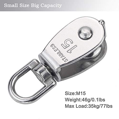 AUHOKY 12Pcs Single Pulley Block (M15), AUHOKY 304 Stainless Steel Hanging Wire Towing Wheel, Swivel Lifting Wire Rope Cable Pulley Roller, Max-Load 35kg/77lbs - Image 3