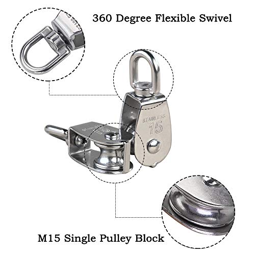 AUHOKY 12Pcs Single Pulley Block (M15), AUHOKY 304 Stainless Steel Hanging Wire Towing Wheel, Swivel Lifting Wire Rope Cable Pulley Roller, Max-Load 35kg/77lbs - Image 5