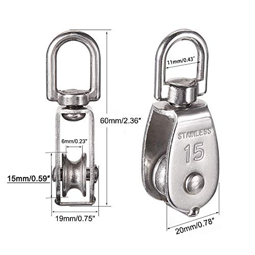 AUHOKY 12Pcs Single Pulley Block (M15), AUHOKY 304 Stainless Steel Hanging Wire Towing Wheel, Swivel Lifting Wire Rope Cable Pulley Roller, Max-Load 35kg/77lbs - Image 4