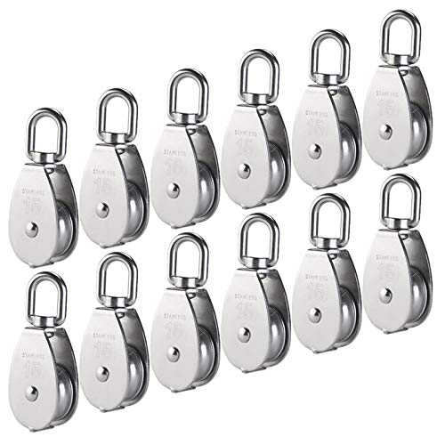 AUHOKY 12Pcs Single Pulley Block (M15), AUHOKY 304 Stainless Steel Hanging Wire Towing Wheel, Swivel Lifting Wire Rope Cable Pulley Roller, Max-Load 35kg/77lbs - Image 1