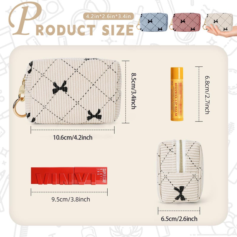Playexen Mini Makeup Bag, Corduroy Small Cosmetic Bag for Purse with Ring Buckle, Bow Tie Travel Makeup Pouch for Lipsticks, Chapsticks, Coin, Earphone, Credit Card (Beige) - Image 2