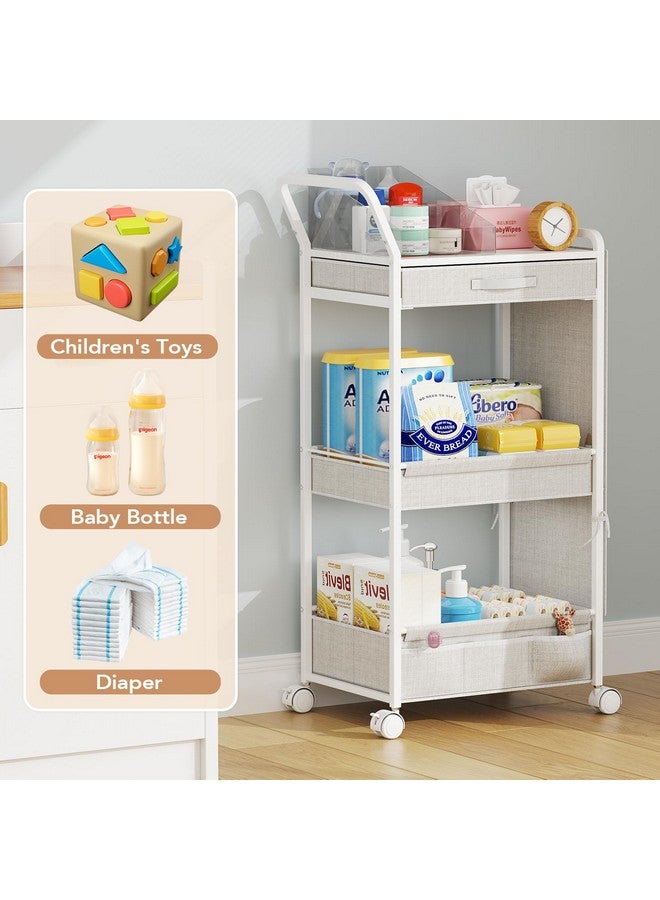 BBLIKE 3-Tier Diaper Caddy Organizer - Rolling Utility Baby Cart with Drawer and Side Pockets for Nursery and Baby Essentials, Multi-Function Cart for Bedroom and Bathroom, White - Image 4
