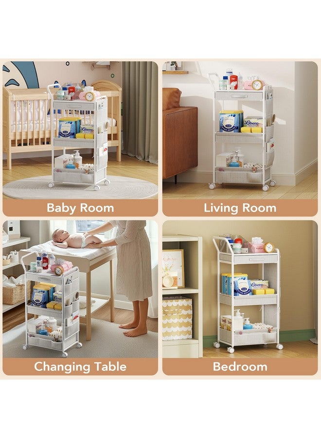 BBLIKE 3-Tier Diaper Caddy Organizer - Rolling Utility Baby Cart with Drawer and Side Pockets for Nursery and Baby Essentials, Multi-Function Cart for Bedroom and Bathroom, White - Image 3