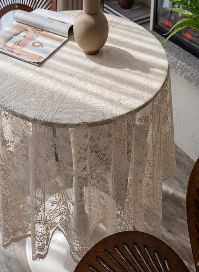 Fhberni Beige Lace Tablecloth Embroidered Elegant Floral Patterns Table Cloth Round Overlay Table Cover for Wedding Party Holiday Long Dinner Home Decor(Round-60, Beige) - Image 2