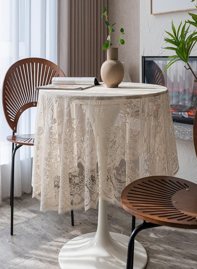 Fhberni Beige Lace Tablecloth Embroidered Elegant Floral Patterns Table Cloth Round Overlay Table Cover for Wedding Party Holiday Long Dinner Home Decor(Round-60, Beige) - Image 1
