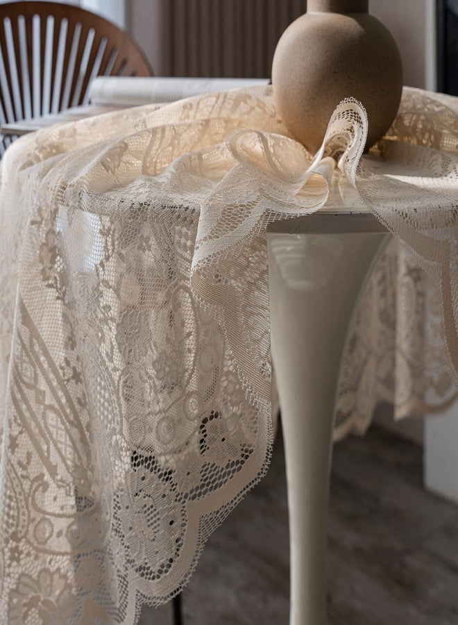 Fhberni Beige Lace Tablecloth Embroidered Elegant Floral Patterns Table Cloth Round Overlay Table Cover for Wedding Party Holiday Long Dinner Home Decor(Round-60, Beige) - Image 4