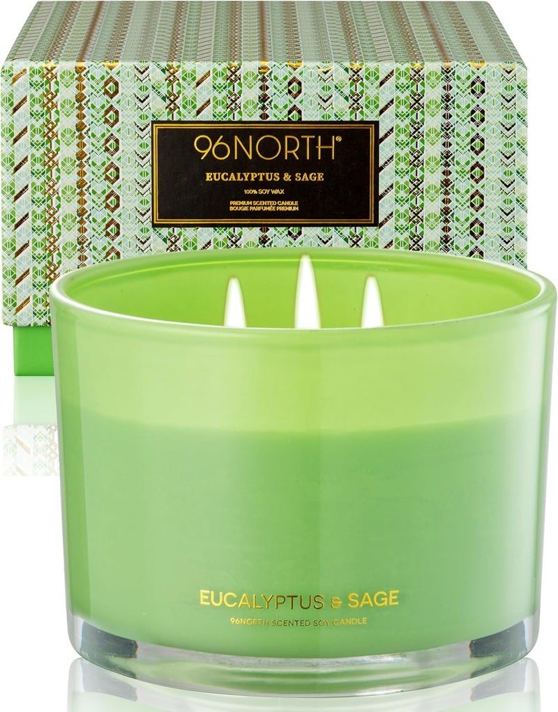 96NORTH Luxury Eucalyptus & Sage Soy Candle | Large 3 Wick Jar Candle | Up to 50 Hours Burning Time | 100% Natural Soy Wax | Housewarming Gift for Men and Women - Image 1