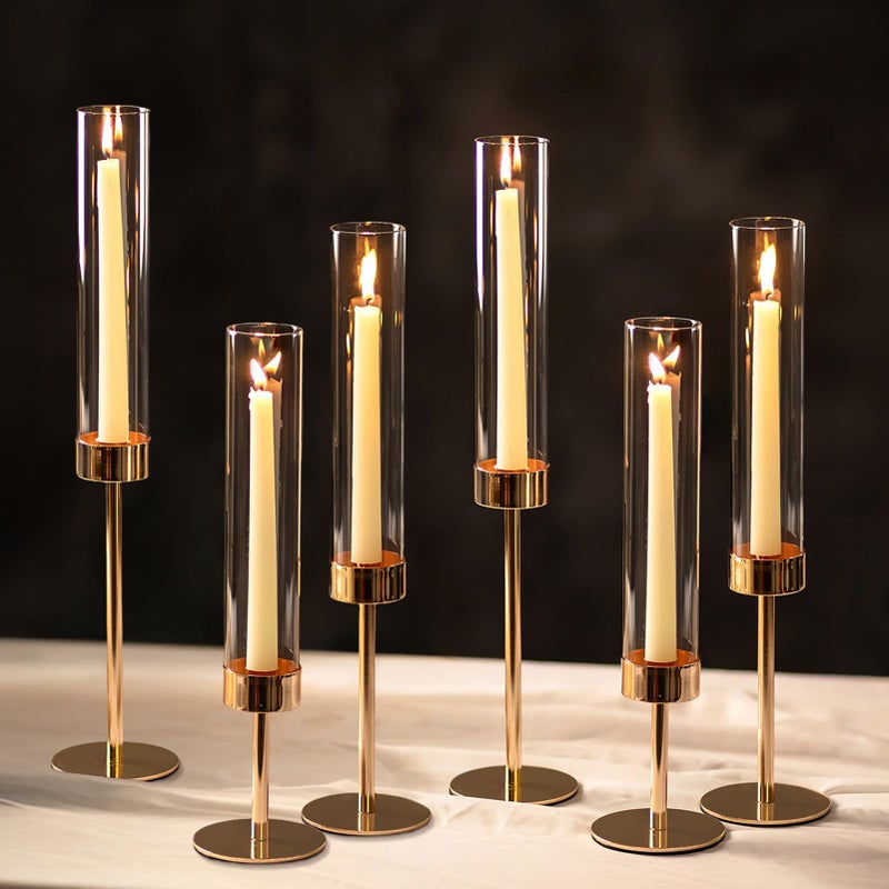 NUPTIO Hurricane Candle Holder for Candlestick: 6 Pcs Gold Taper Candlestick Holders - Tall Modern Candles Stick Decor with Cylinder Shape Cover for Dinner Table Centerpiece - Image 1