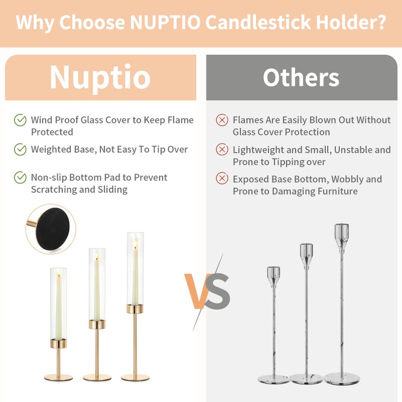 NUPTIO Hurricane Candle Holder for Candlestick: 6 Pcs Gold Taper Candlestick Holders - Tall Modern Candles Stick Decor with Cylinder Shape Cover for Dinner Table Centerpiece - Image 5