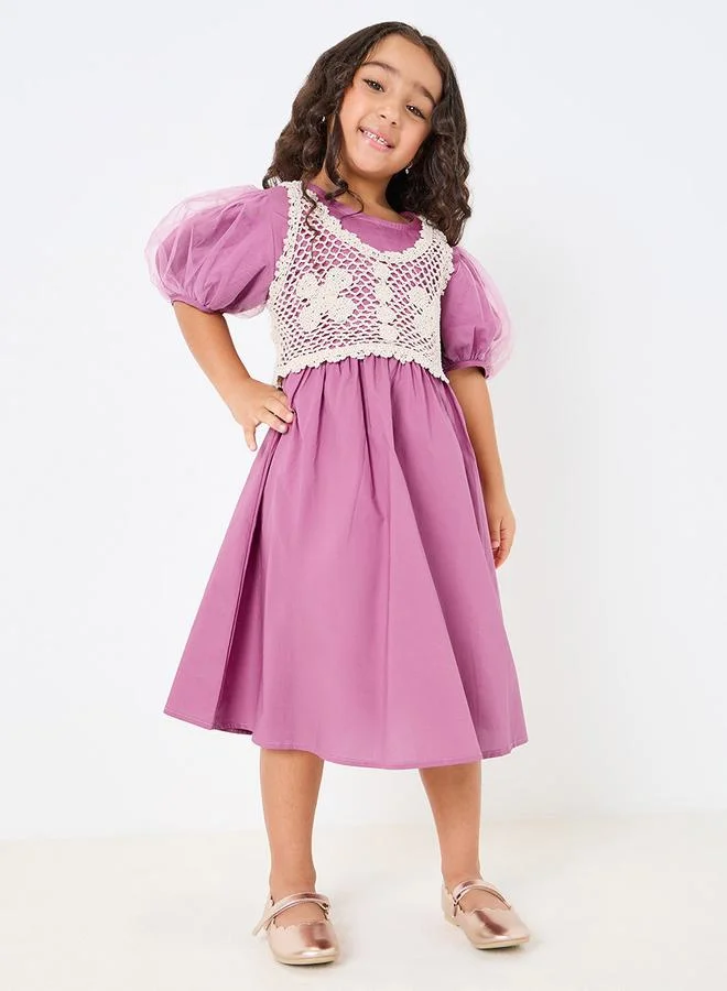 Styli Puff Sleeve A-Line Dress with Crochet Insert