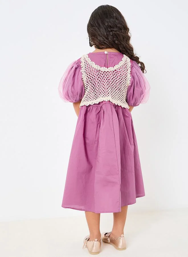 Styli Puff Sleeve A-Line Dress with Crochet Insert