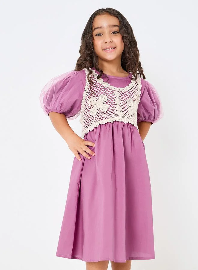 Styli Puff Sleeve A-Line Dress with Crochet Insert