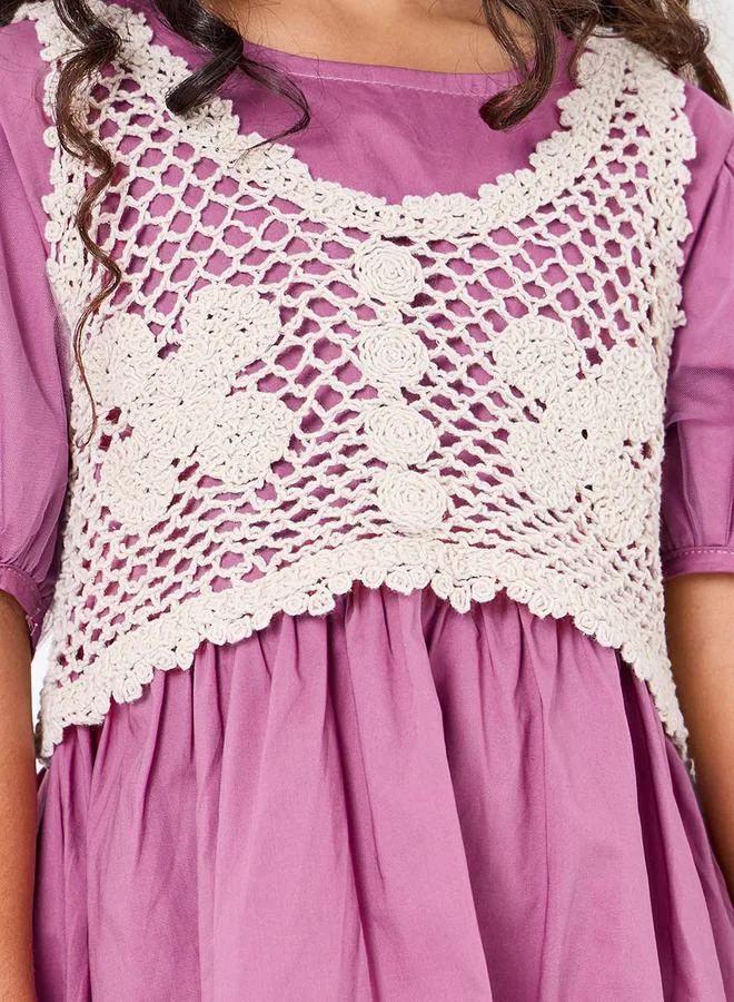 Styli Puff Sleeve A-Line Dress with Crochet Insert