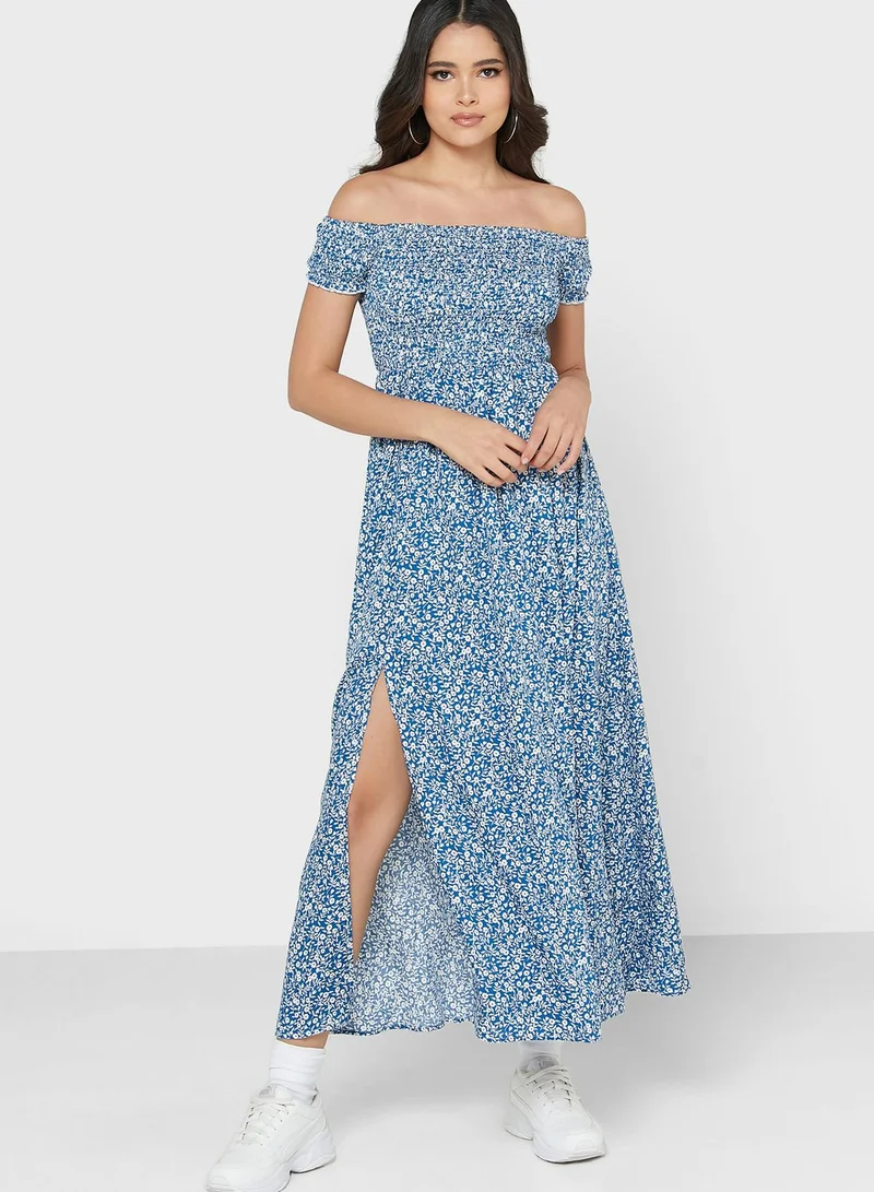 Ginger Off Shoulder Slit Printed Dress