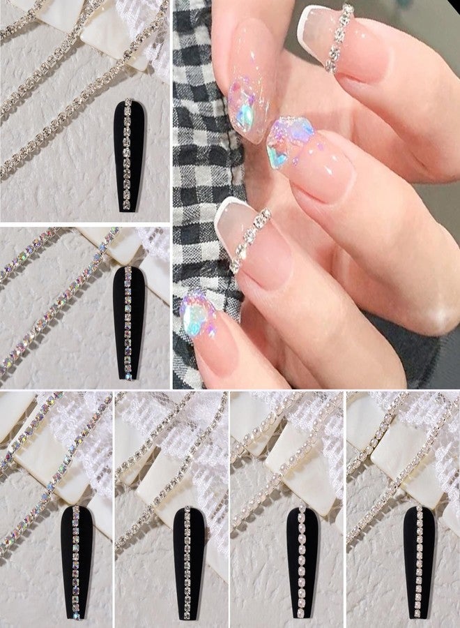 JERCLITY 6 Strips 9.8inch Silver Nail Chains for Nail Art Silver Alloy Metal Nail Art Chains Inlay Pearl Clear Rhinestone AB Diamond for Acrylic Nail Art Nail Chains Accessories for Women Nail Art - Image 2