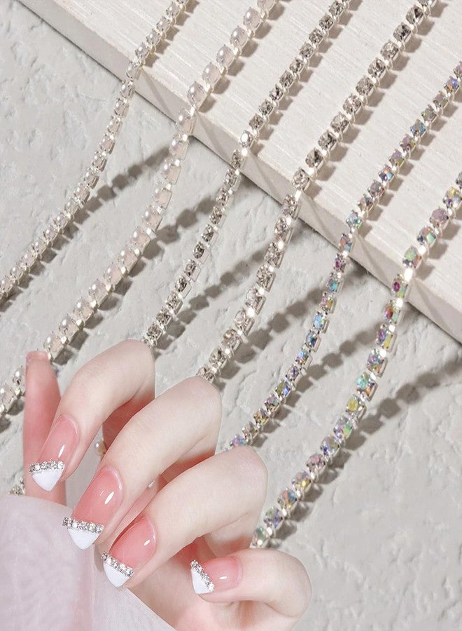 JERCLITY 6 Strips 9.8inch Silver Nail Chains for Nail Art Silver Alloy Metal Nail Art Chains Inlay Pearl Clear Rhinestone AB Diamond for Acrylic Nail Art Nail Chains Accessories for Women Nail Art - Image 1