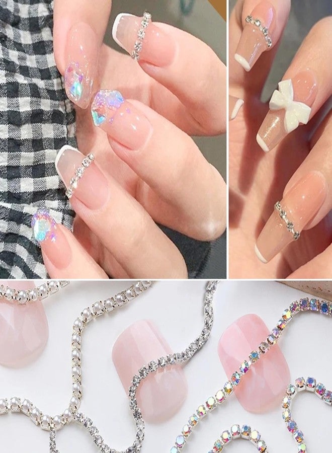 JERCLITY 6 Strips 9.8inch Silver Nail Chains for Nail Art Silver Alloy Metal Nail Art Chains Inlay Pearl Clear Rhinestone AB Diamond for Acrylic Nail Art Nail Chains Accessories for Women Nail Art - Image 4