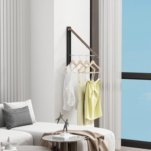 dancrul Clothes Drying Rack for Laundry Drying Rack Wall Mounted Clothes Hanger Rack Retractable Laundry Hanger Dryer Rack Space Saving Closet Organizer Aluminium (Walnut) - Image 2