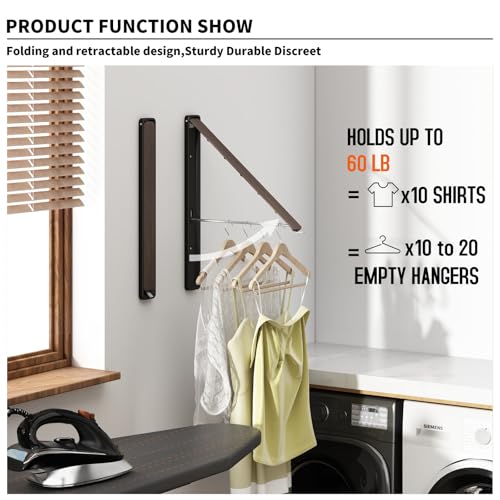 dancrul Clothes Drying Rack for Laundry Drying Rack Wall Mounted Clothes Hanger Rack Retractable Laundry Hanger Dryer Rack Space Saving Closet Organizer Aluminium (Walnut) - Image 4