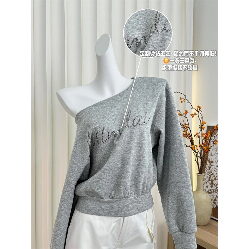 Rhinestone Lazy Style Off-Shoulder Slant Shoulder Swedshirt American-Style High-Texture Loose Long-Sleeved Off-Shoulder Swedshirt Ins Trendy - Image 5