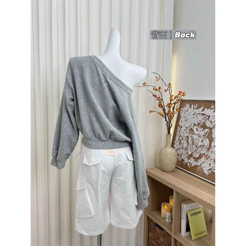 Rhinestone Lazy Style Off-Shoulder Slant Shoulder Swedshirt American-Style High-Texture Loose Long-Sleeved Off-Shoulder Swedshirt Ins Trendy - Image 4