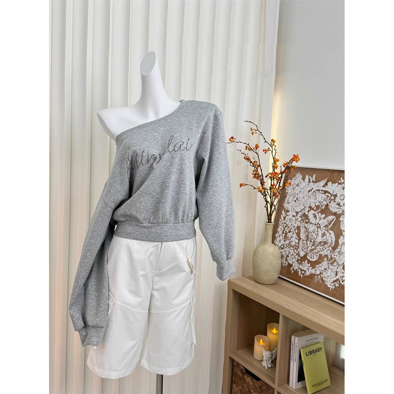 Rhinestone Lazy Style Off-Shoulder Slant Shoulder Swedshirt American-Style High-Texture Loose Long-Sleeved Off-Shoulder Swedshirt Ins Trendy - Image 1