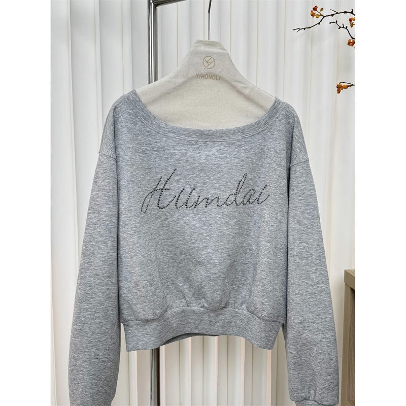 Rhinestone Lazy Style Off-Shoulder Slant Shoulder Swedshirt American-Style High-Texture Loose Long-Sleeved Off-Shoulder Swedshirt Ins Trendy - Image 3