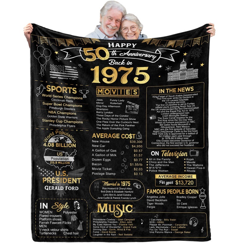 aisdfhsa 50th Anniversary Wedding Blanket Gifts Gift for 50th Wedding Anniversary Golden 50 Years of Marriage Gifts for Couple Wife Husband Dad Mom Parents Back in 1975 Blanket 60Lx50W