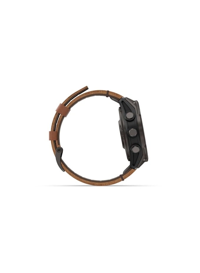 GARMIN Fenix 8 Pro - 51MM - Carbon Gray DLC Titanian with Chestnut Leather band - Up to 15 Days of Battery Life  - 1.4"Amoled Display, sapphire crystal, Heart Rate Monitor, All day stress monitor, Gps tracking, Super bright LED flashlight, iOS and Android compatible Carbon Grey - Image 5