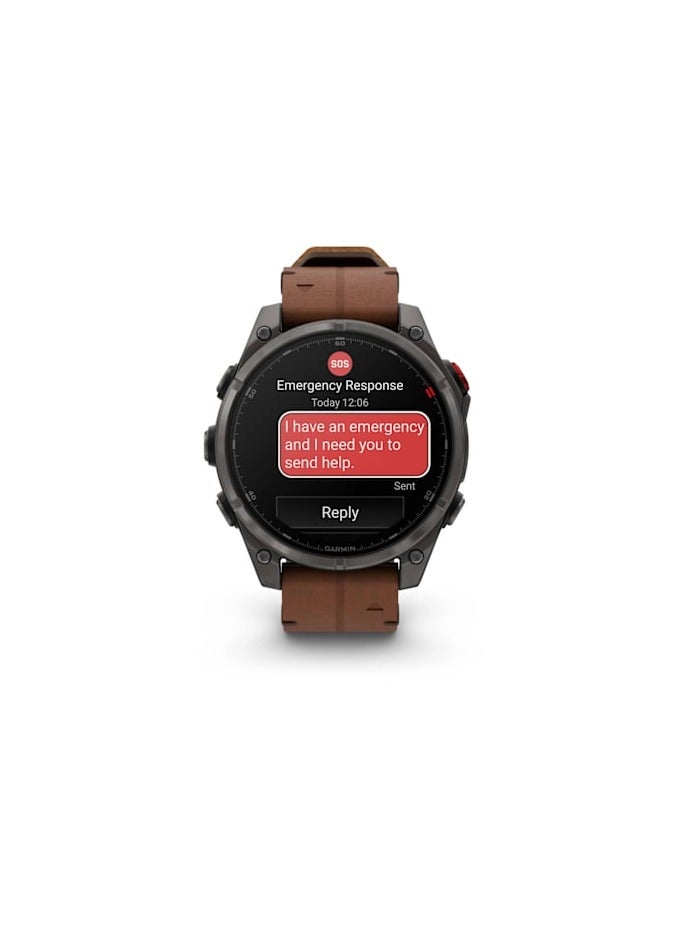 GARMIN Fenix 8 Pro - 51MM - Carbon Gray DLC Titanian with Chestnut Leather band - Up to 15 Days of Battery Life  - 1.4"Amoled Display, sapphire crystal, Heart Rate Monitor, All day stress monitor, Gps tracking, Super bright LED flashlight, iOS and Android compatible Carbon Grey - Image 2