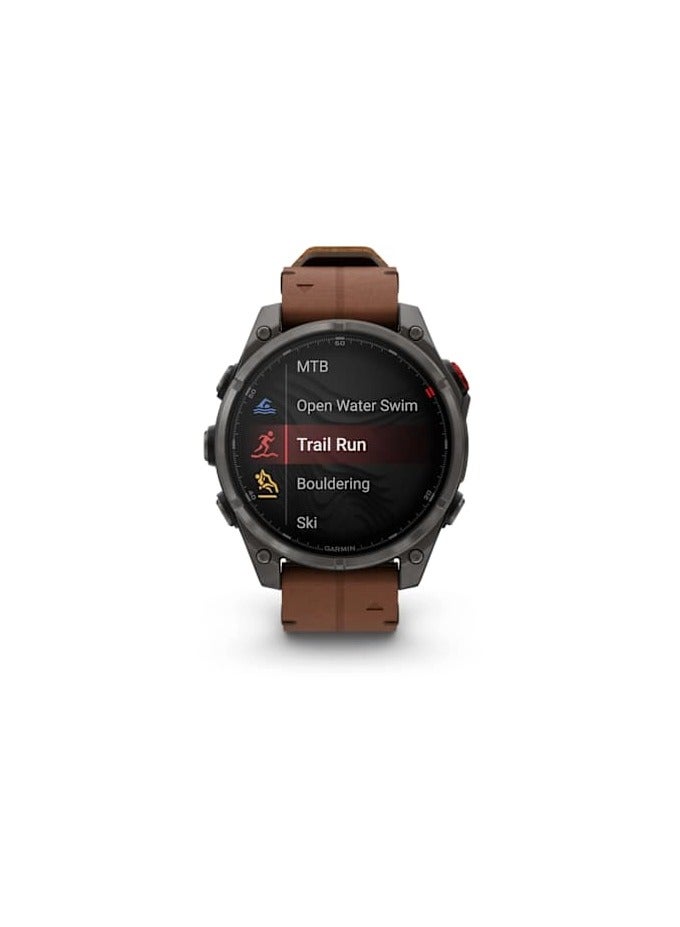 GARMIN Fenix 8 Pro - 51MM - Carbon Gray DLC Titanian with Chestnut Leather band - Up to 15 Days of Battery Life  - 1.4"Amoled Display, sapphire crystal, Heart Rate Monitor, All day stress monitor, Gps tracking, Super bright LED flashlight, iOS and Android compatible Carbon Grey - Image 4