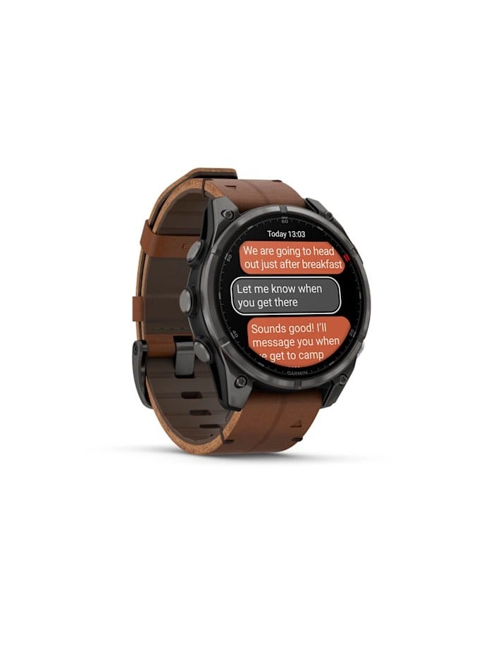 GARMIN Fenix 8 Pro - 51MM - Carbon Gray DLC Titanian with Chestnut Leather band - Up to 15 Days of Battery Life  - 1.4"Amoled Display, sapphire crystal, Heart Rate Monitor, All day stress monitor, Gps tracking, Super bright LED flashlight, iOS and Android compatible Carbon Grey - Image 3