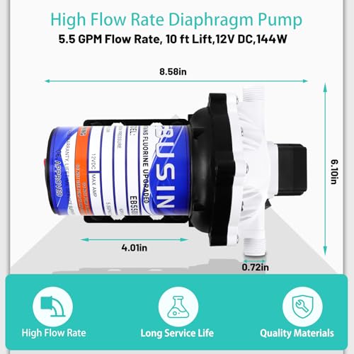 Ebusin 12V Pump, 5.5GPM Diaphragm Water Pump, 60Psi 1/2MNPT Connection,Self Priming Up to 10 Feet .Ideal for Sprayer and Pressure Washing (White) - Image 4