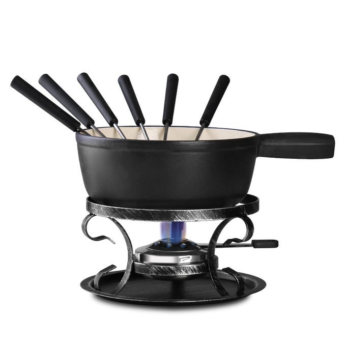 CAST IRON FONDUE POT SET SWISS TRADITIONAL 2L CHEESE CHOCOLATE FONDUE POT FOR 46 PEOPLE IDEAL FOR MELTING CHEESE CHOCOLATES CARAMEL MORE BLACK