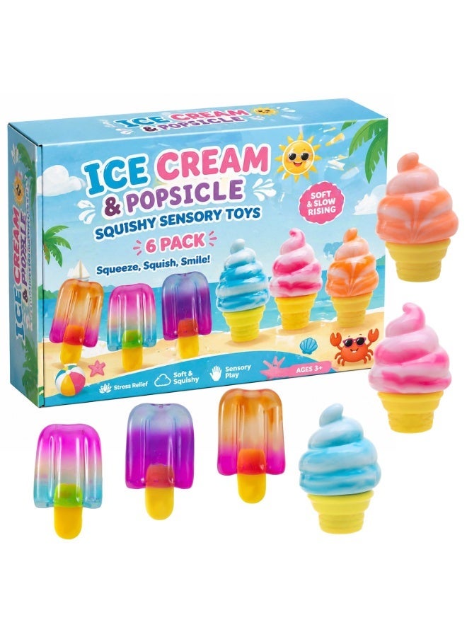 6 Pack Ice Cream & Popsicle Squishy Sensory Toys - Soft, Slow Rebound Stress Relief Toys for Kids and Adults, Party Favors, Easter Egg Stuffing - Image 1