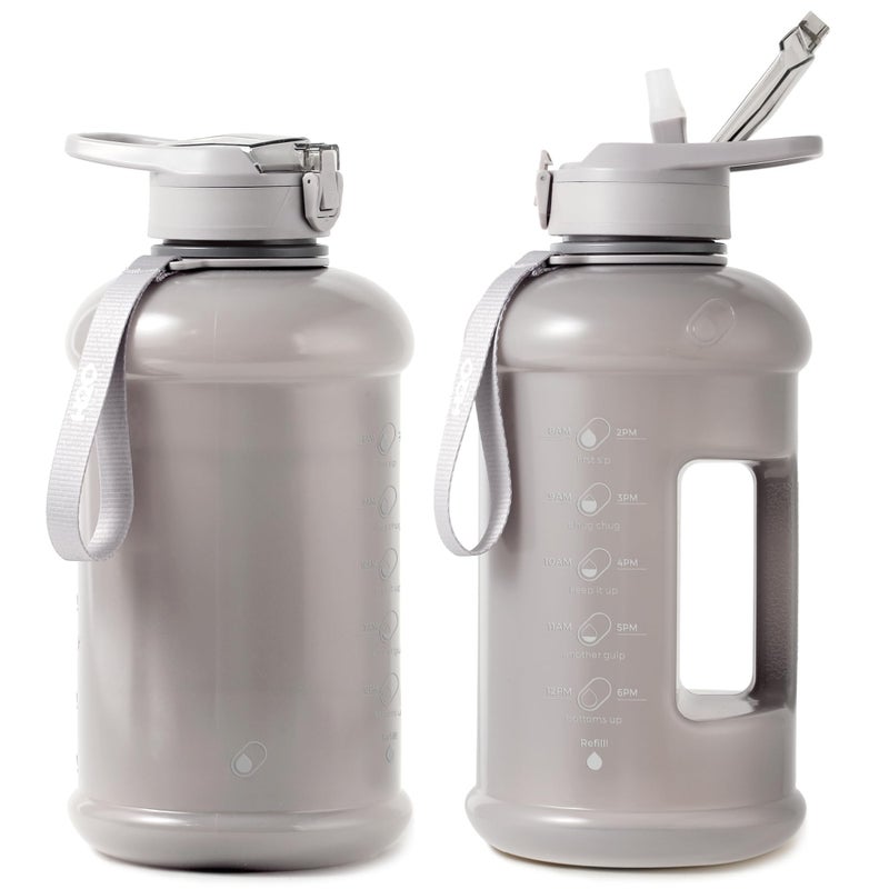 H2O Capsule INSPO Half Gallon Water Bottle with Time Marker and Straw Motivational Hydration Tracker Jug Big BPAFree FoodSafe Leakproof Drinking Bottle Handle  Strap Ash Gray