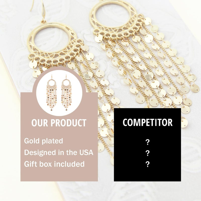NTLX Bohemian Boho Tassel Dangle Drop Earrings for Women â€“ Lightweight Filigree Gypsy Coin Chandelier Disc Charm Hoops â€“ included Gift Box (Round - Gold) - Image 4