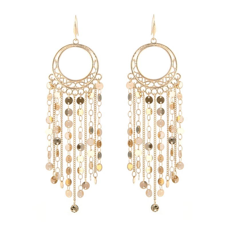 NTLX Bohemian Boho Tassel Dangle Drop Earrings for Women â€“ Lightweight Filigree Gypsy Coin Chandelier Disc Charm Hoops â€“ included Gift Box (Round - Gold) - Image 1