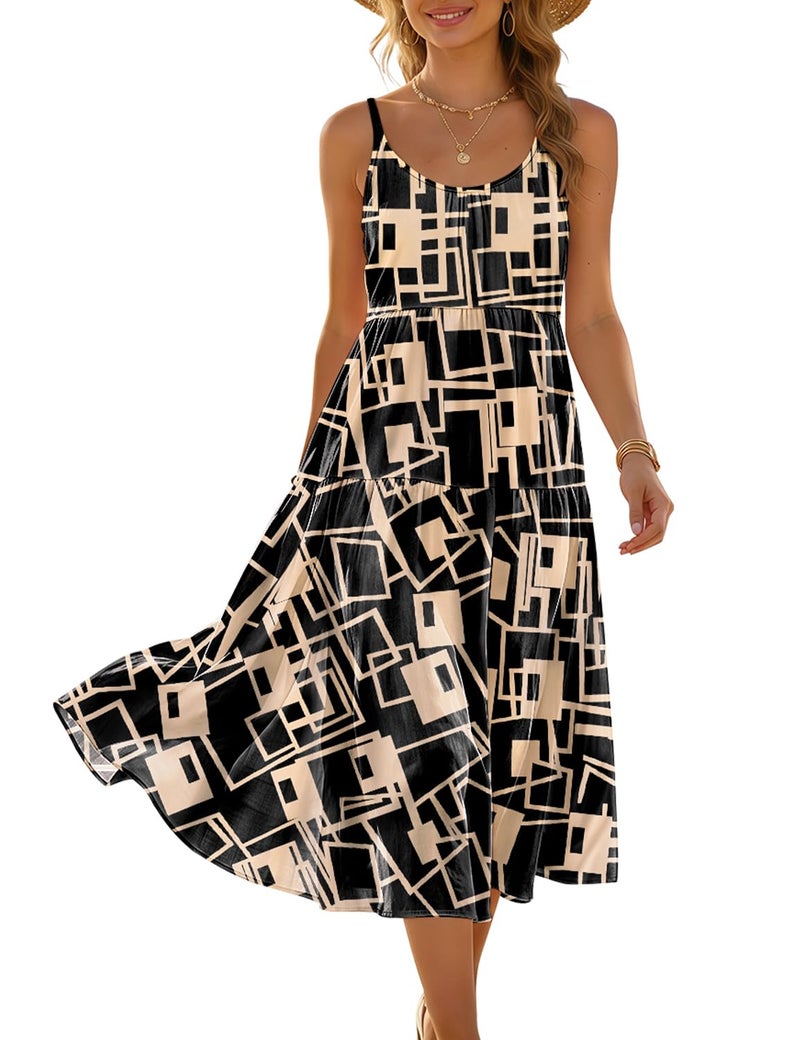 YESNO Women Summer Adjustable Spaghetti Strap Midi Sundress Boho Floral Casual Flowy Beach Dresses with Pockets XL ESS CR466 - Image 1