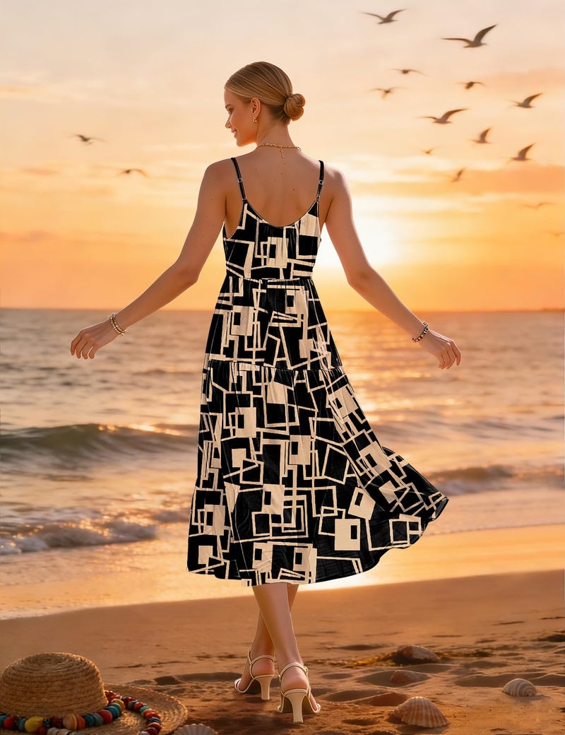 YESNO Women Summer Adjustable Spaghetti Strap Midi Sundress Boho Floral Casual Flowy Beach Dresses with Pockets XL ESS CR466 - Image 5