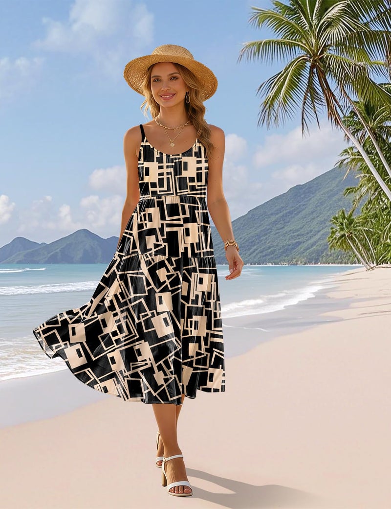 YESNO Women Summer Adjustable Spaghetti Strap Midi Sundress Boho Floral Casual Flowy Beach Dresses with Pockets XL ESS CR466 - Image 4