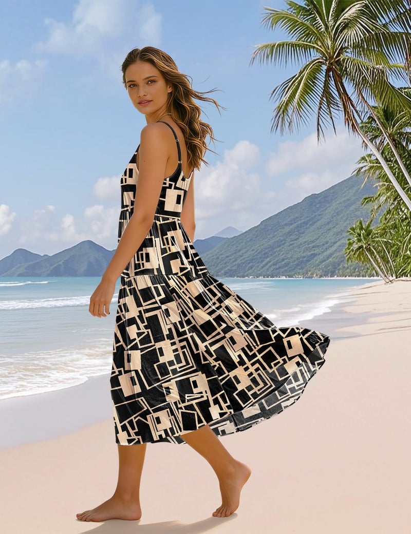 YESNO Women Summer Adjustable Spaghetti Strap Midi Sundress Boho Floral Casual Flowy Beach Dresses with Pockets XL ESS CR466 - Image 2