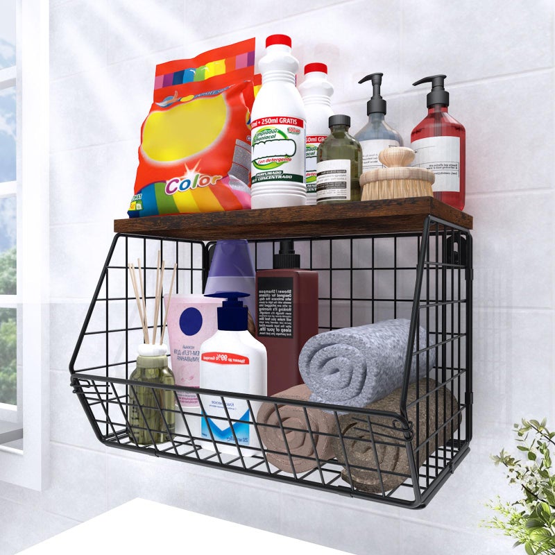 MSJGA Laundry Room Shelves Wall Mounted with Storage Basket - Stackable Wire Wall Shelves Organizer for Towels, Detergent, Tissues | Space-Saving Over Washer & Dryer, Small Spaces(11.8"Wx7.9"Dx8.5"H) - Image 1