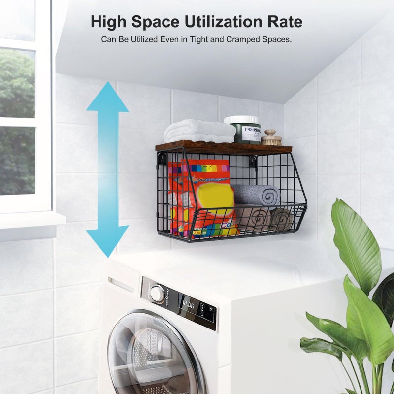 MSJGA Laundry Room Shelves Wall Mounted with Storage Basket - Stackable Wire Wall Shelves Organizer for Towels, Detergent, Tissues | Space-Saving Over Washer & Dryer, Small Spaces(11.8"Wx7.9"Dx8.5"H) - Image 5