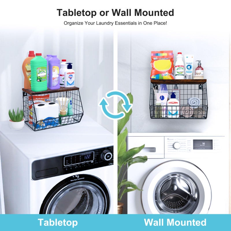 MSJGA Laundry Room Shelves Wall Mounted with Storage Basket - Stackable Wire Wall Shelves Organizer for Towels, Detergent, Tissues | Space-Saving Over Washer & Dryer, Small Spaces(11.8"Wx7.9"Dx8.5"H) - Image 2